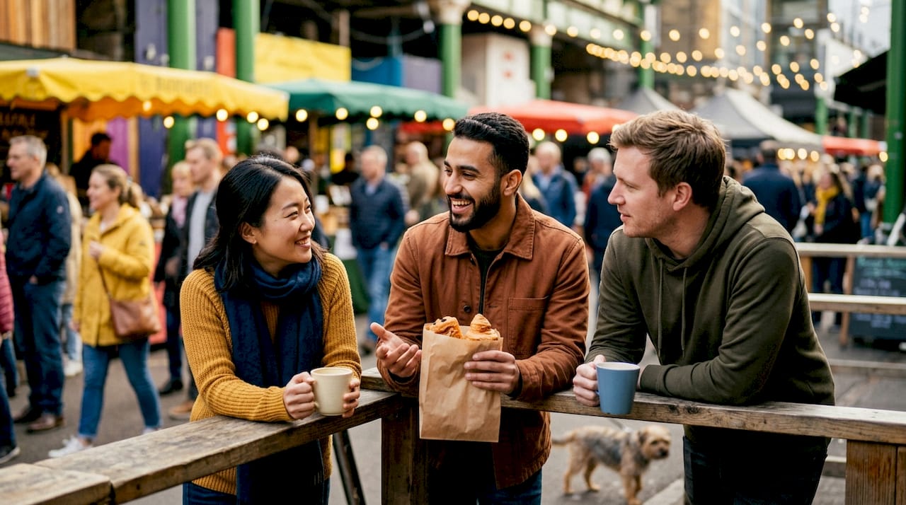 Diverse expats socializing at local market coffee stall
