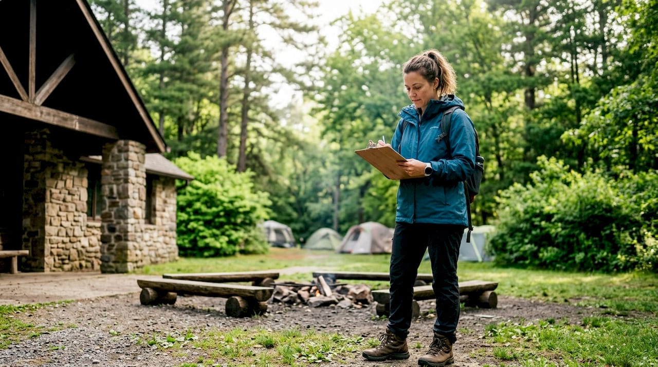 Campsite manager checking daily inspection notes