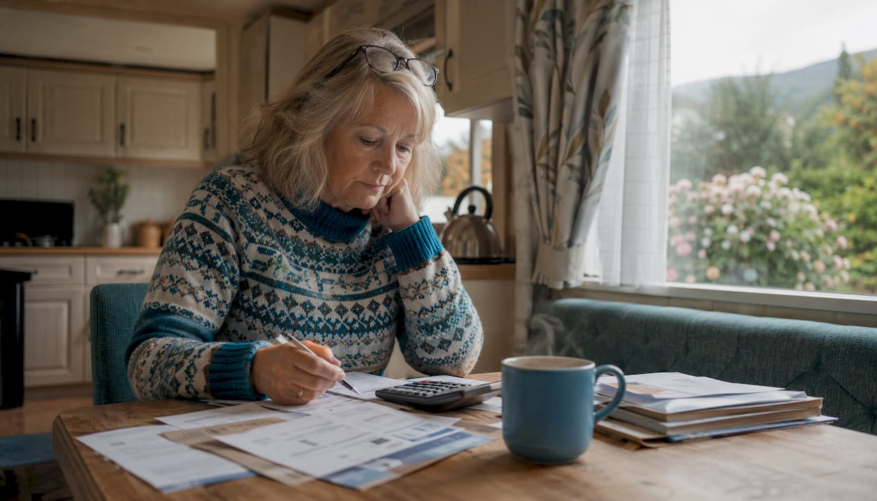 Man reviewing finances inside holiday mobile home