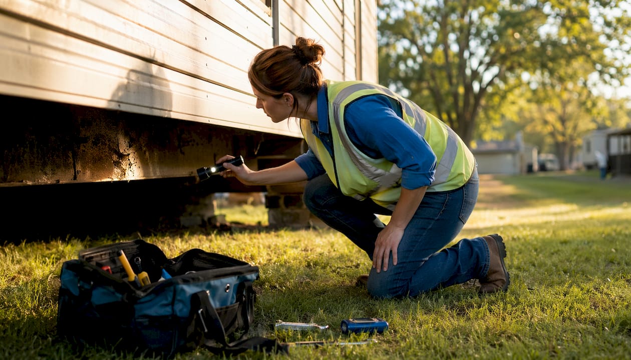 Inspector checking mobile home exterior repairs