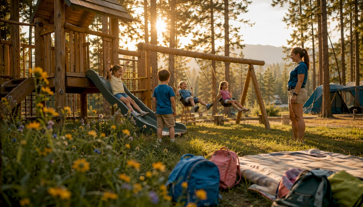 Young children playing at campsite playground
