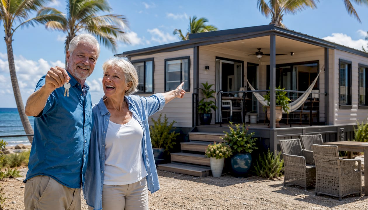 Elderly couple outside turnkey mobile home