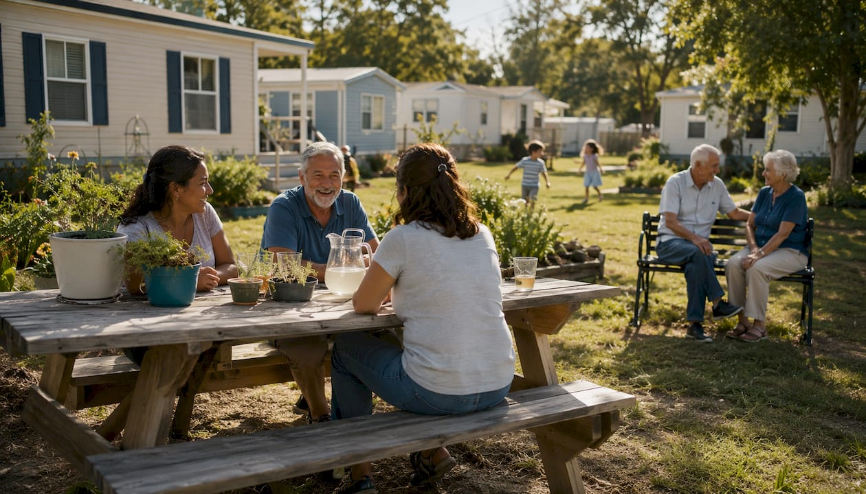 Expats socializing near mobile home park pool