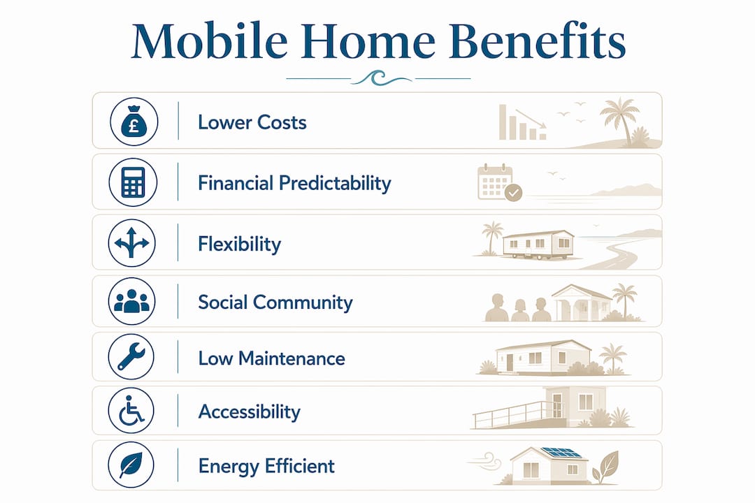 Infographic showing key benefits of mobile homes