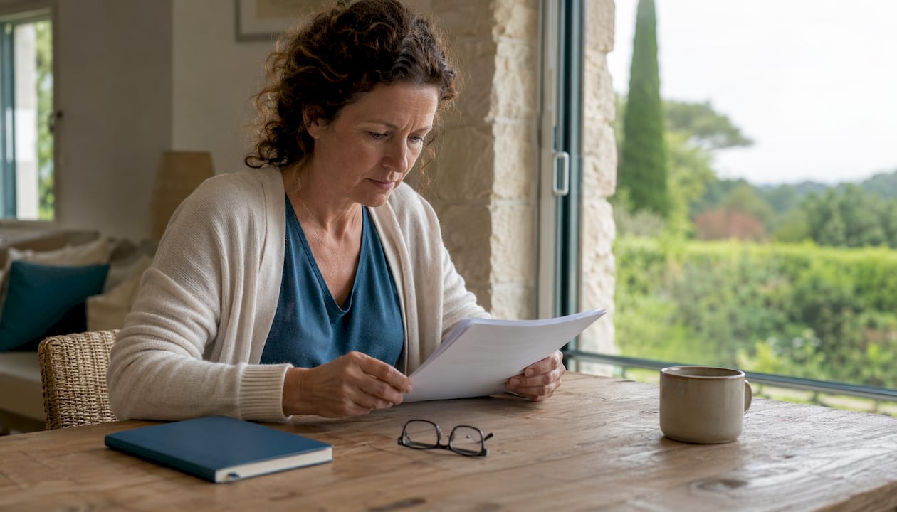 Hands reviewing French mobile home pitch contract
