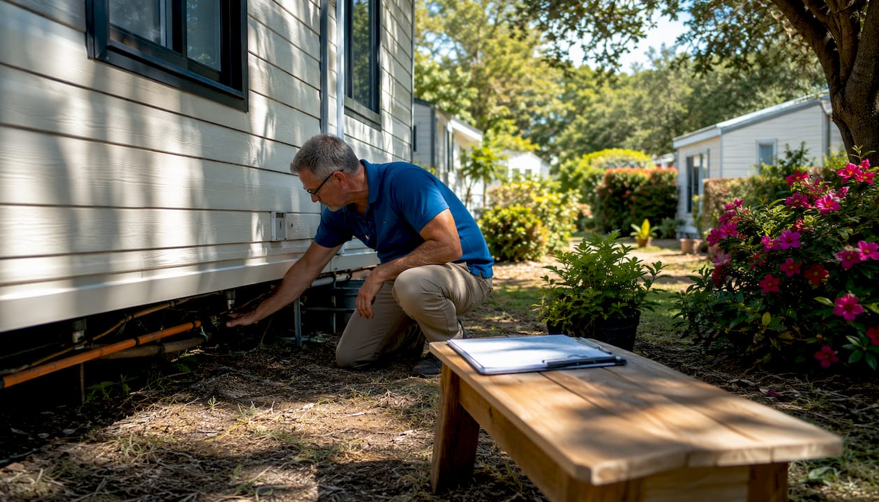 Inspector examining mobile home chassis and plumbing