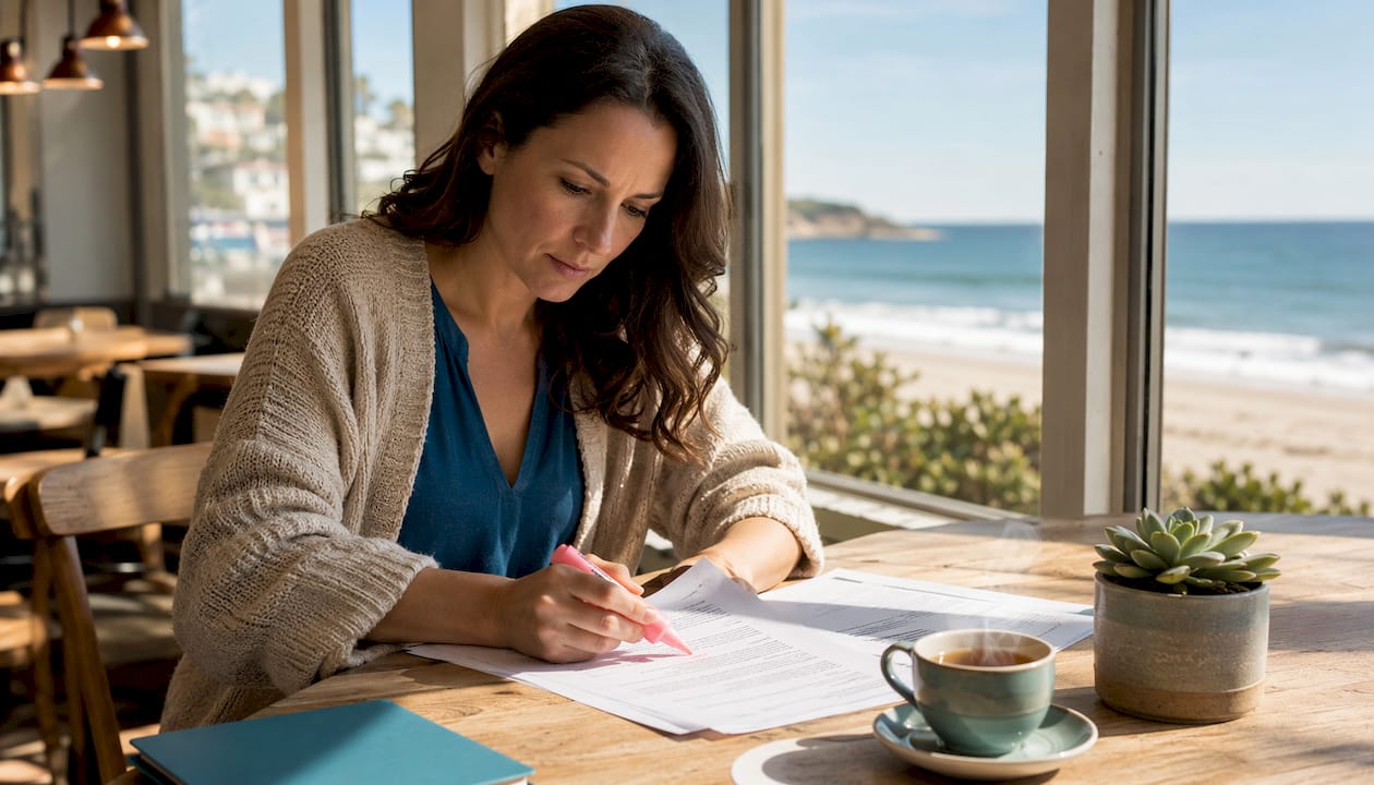 Woman reviewing legal papers at home desk