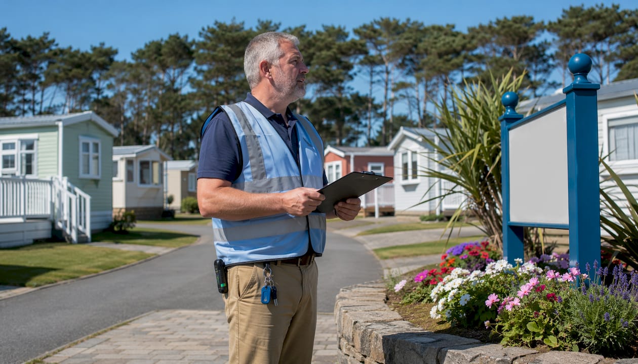 Site manager inspecting holiday park safety signage