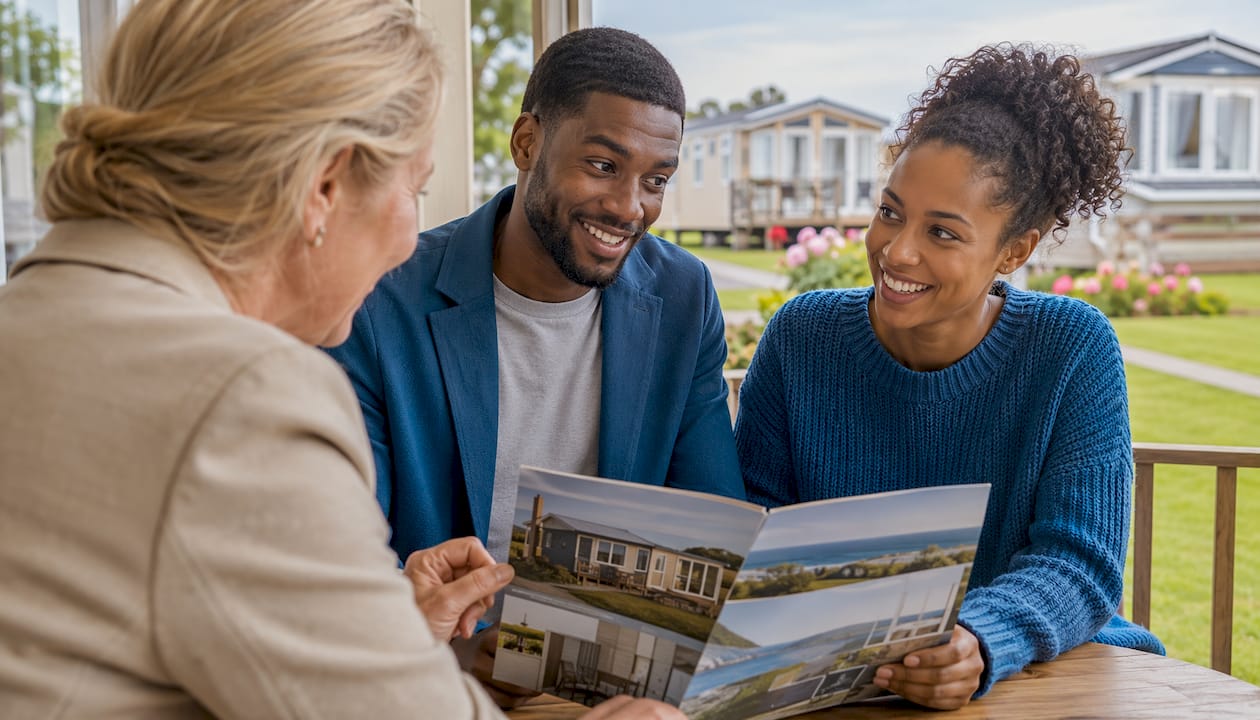 Couple negotiating mobile home price outdoors