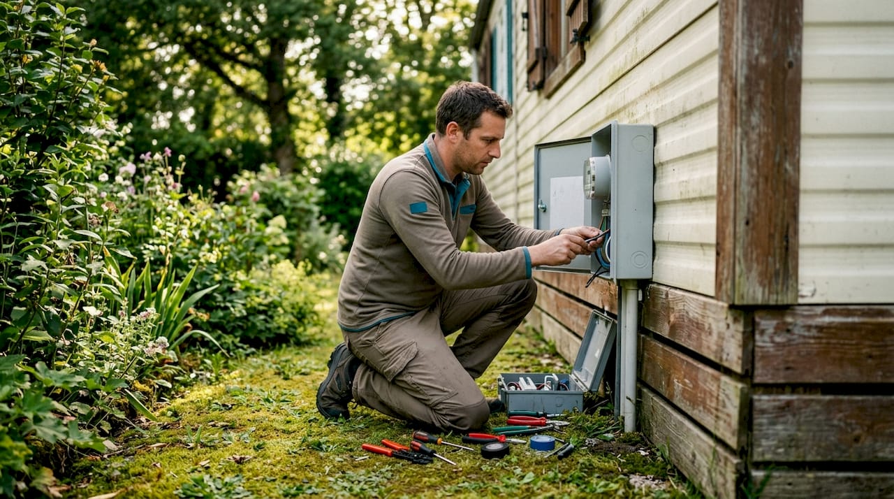 Electrician installing electric meter on mobile home
