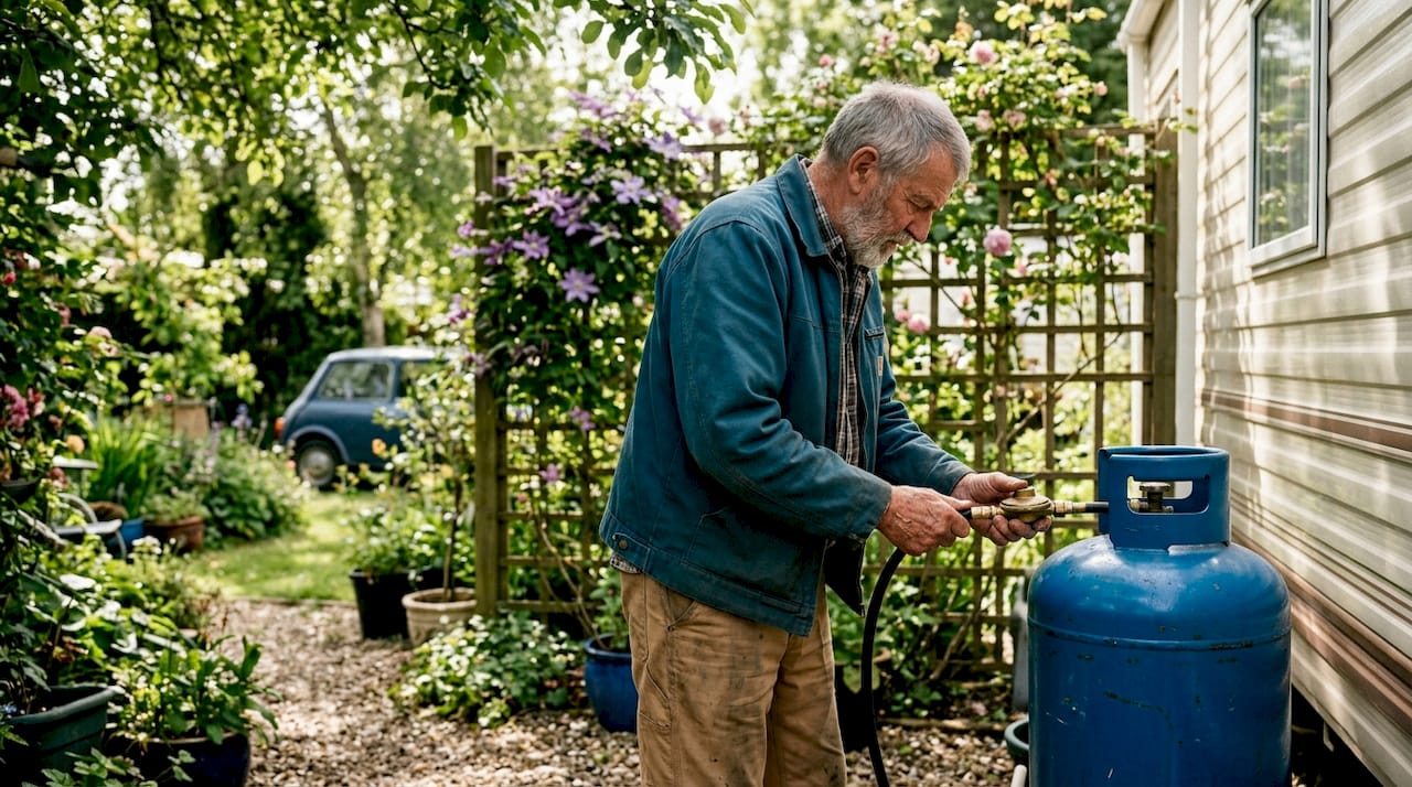 Hands connecting propane bottle regulator outdoors