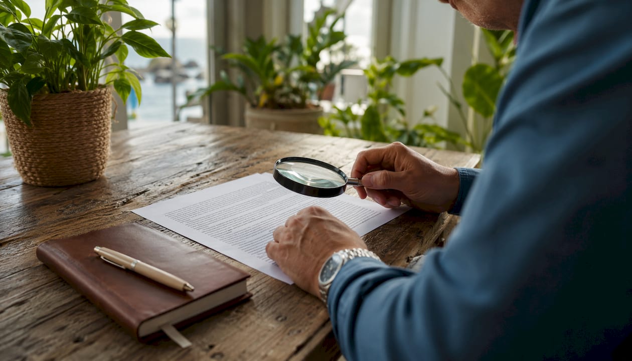Hands inspecting holiday home contract details closely