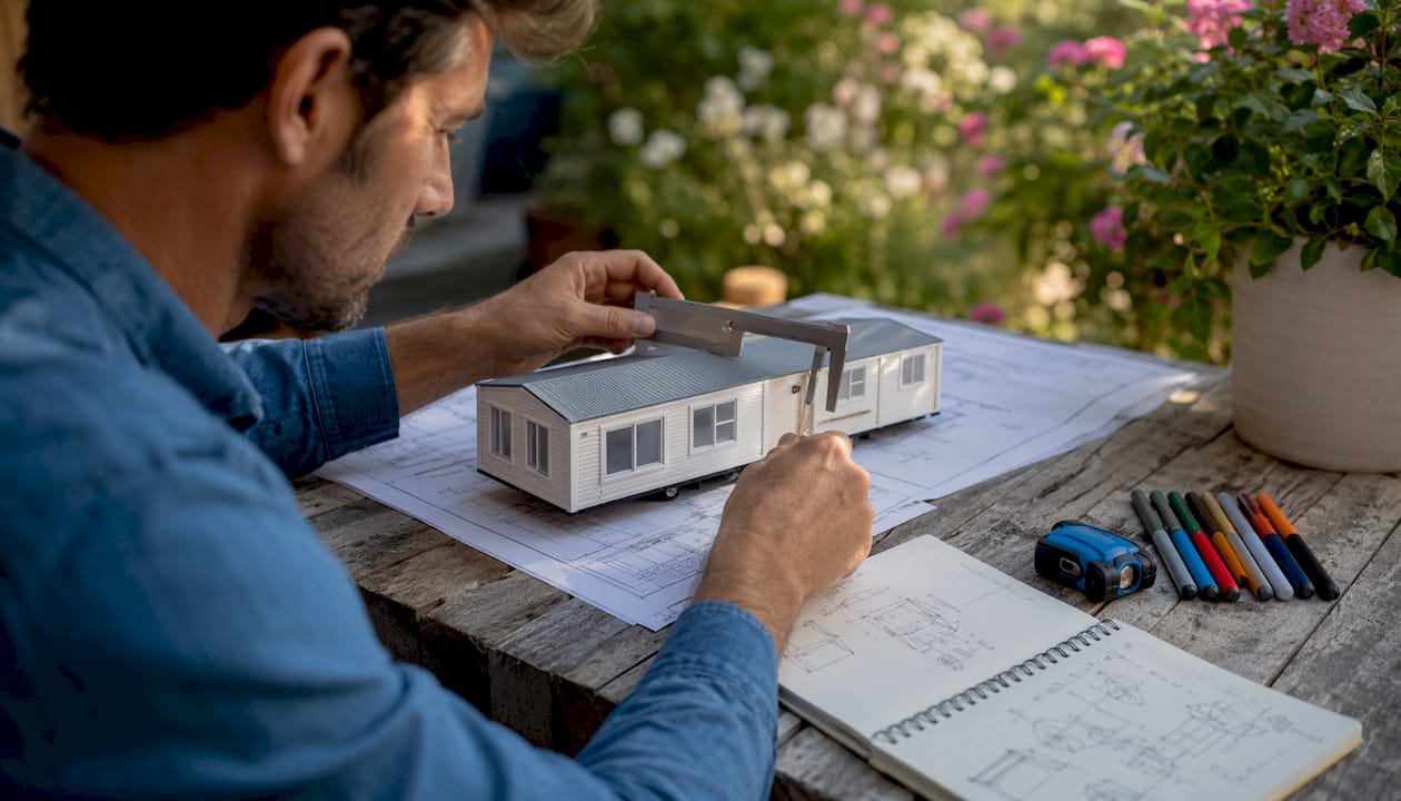 Hands measuring mobile home model on blueprint