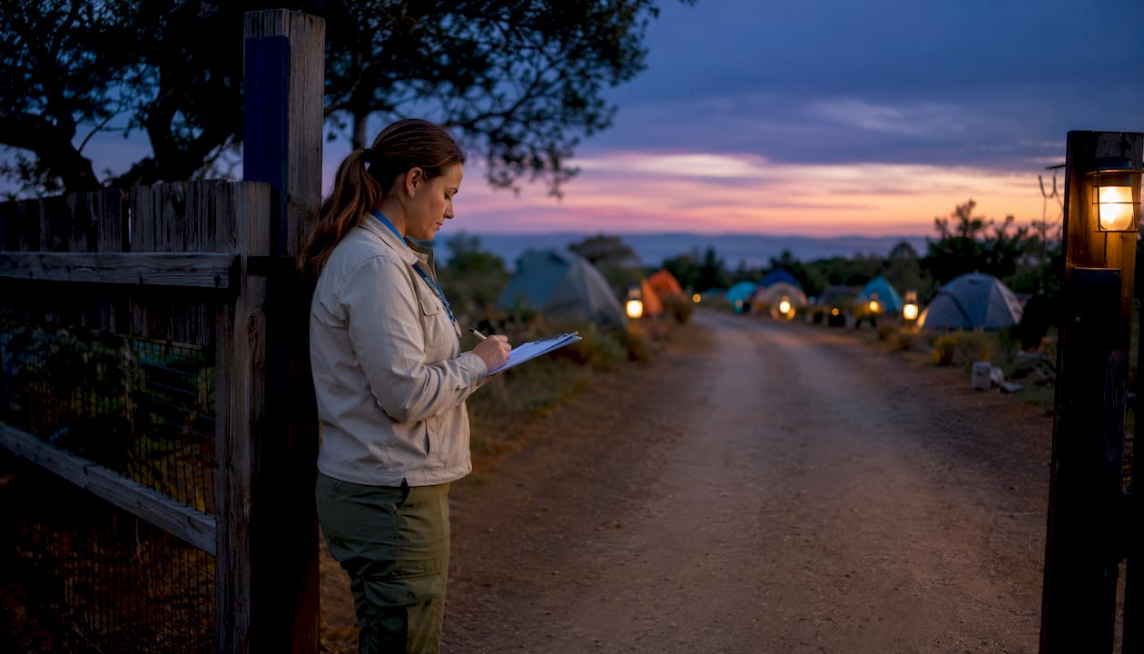 Campsite manager checking security gate access