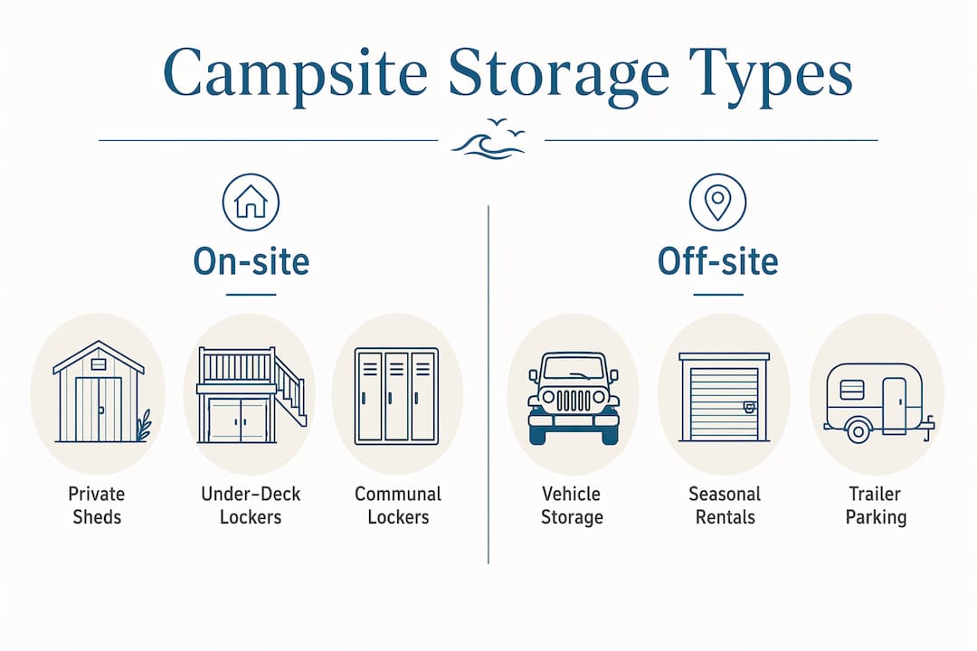 Infographic comparing on-site and off-site campsite storage types