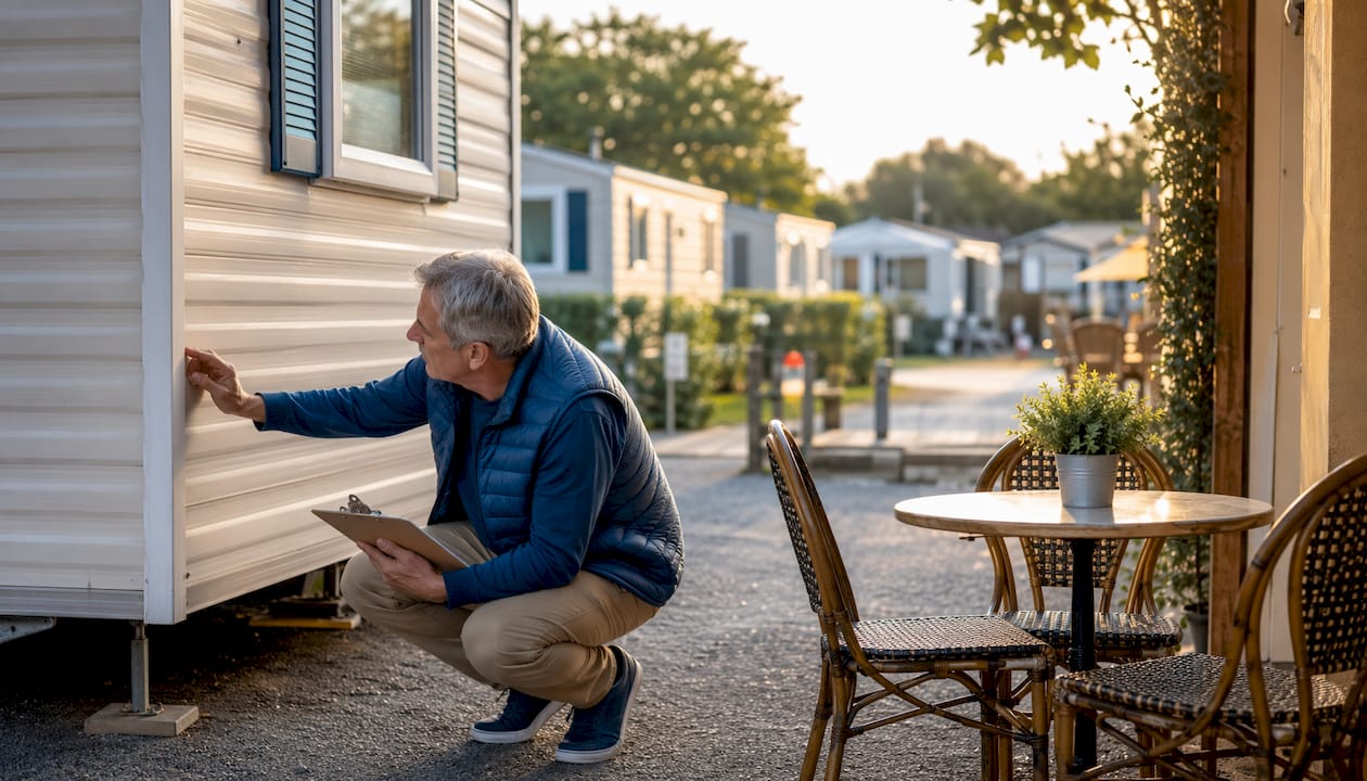 Man inspecting pre-owned mobile home exterior