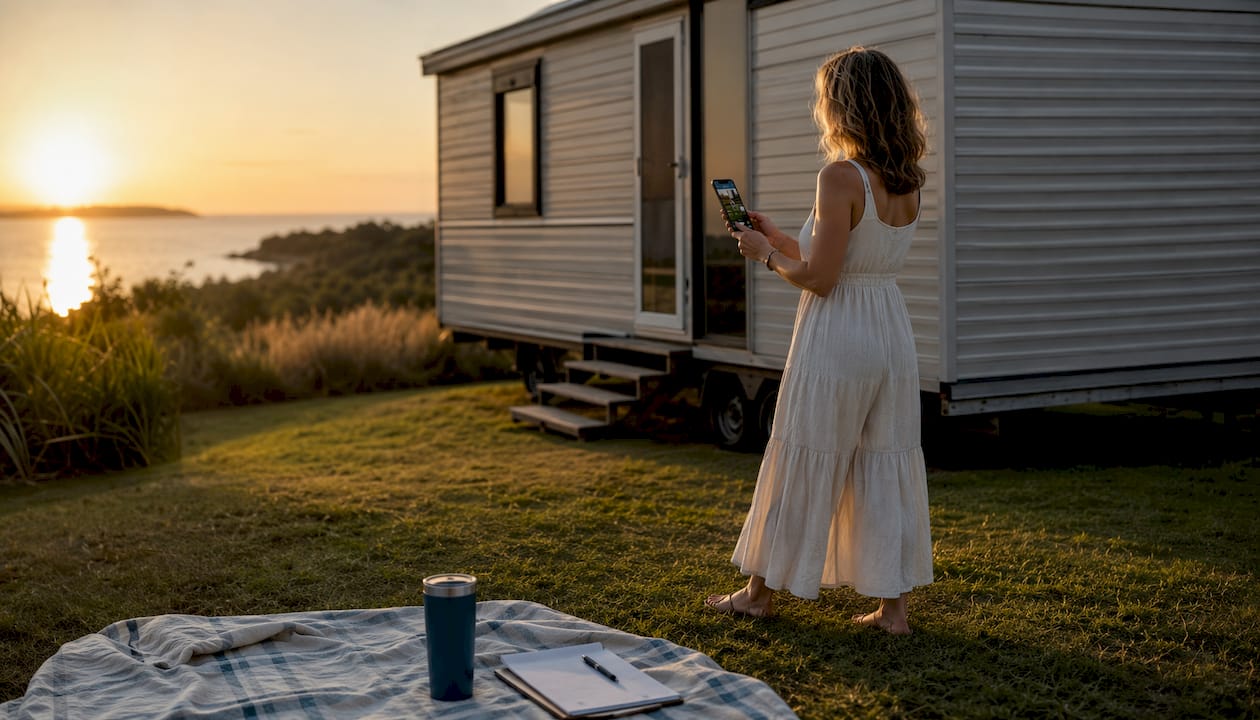Hands photographing mobile home inspection checklist