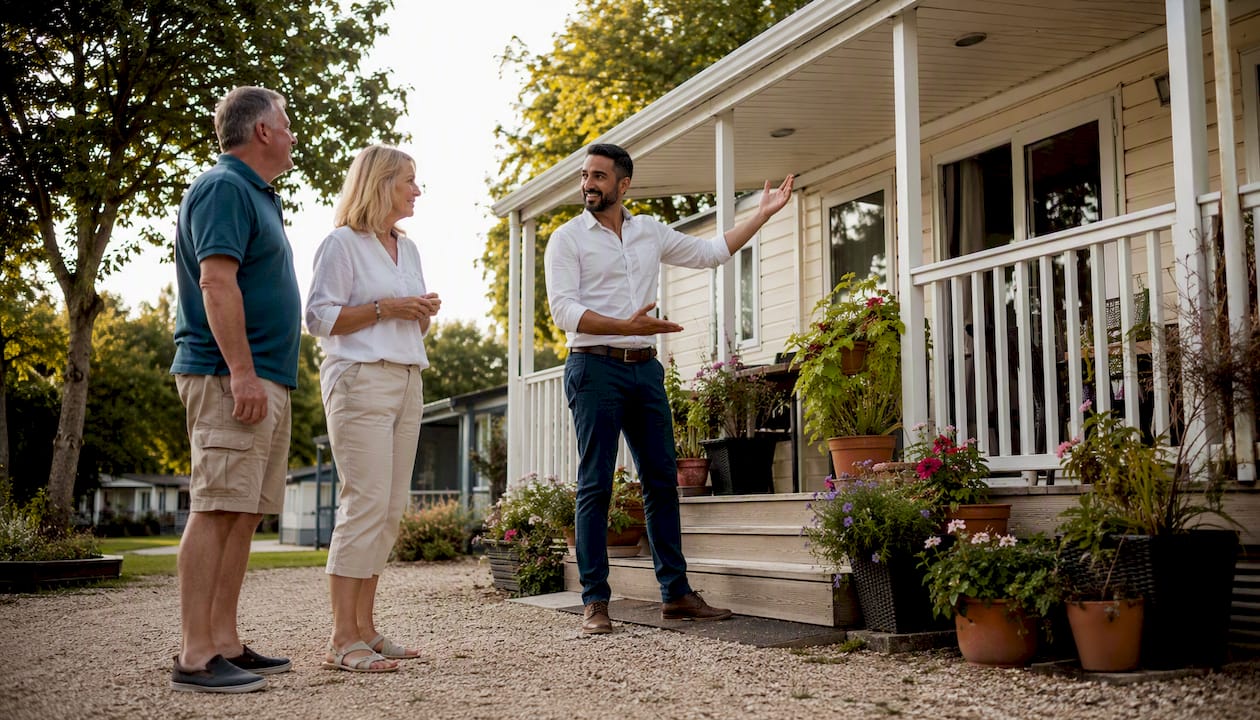 Agent showing mobile home to British couple outdoors