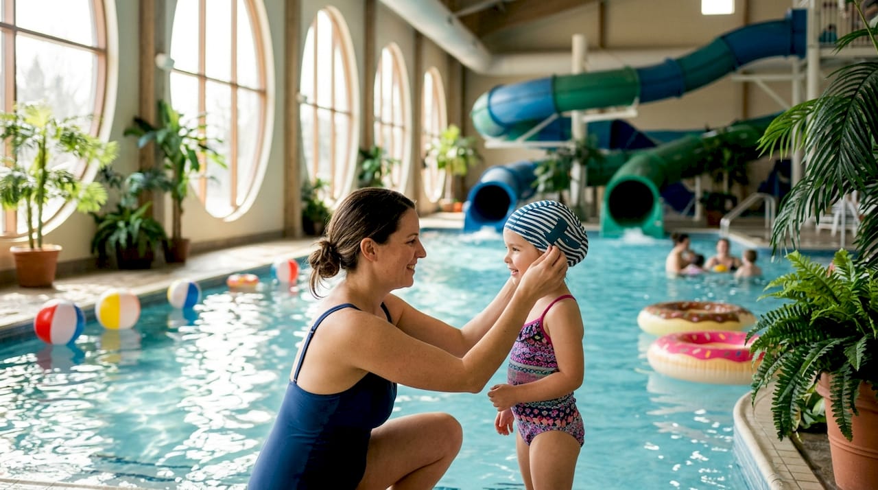 Mother helping daughter at heated indoor pool