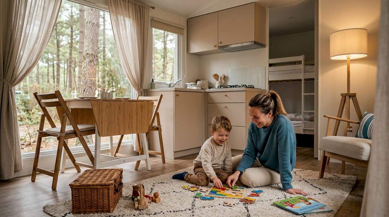 Family inside cozy mobil-home living room