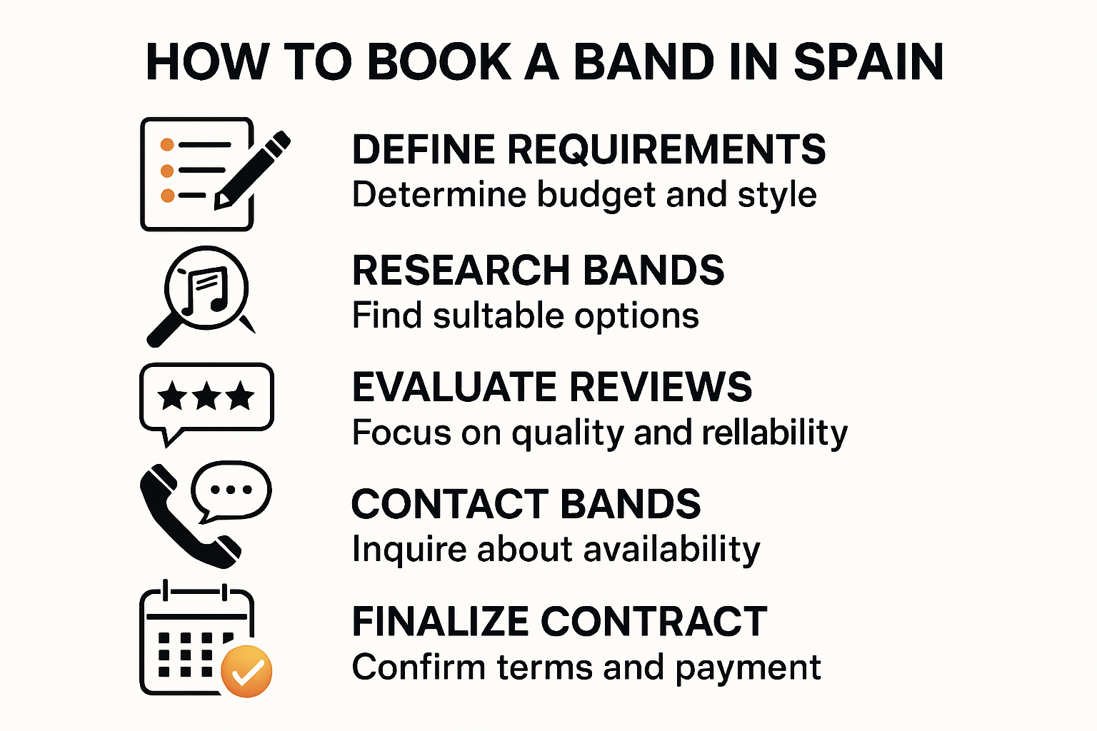 Band booking process infographic for Spain events
