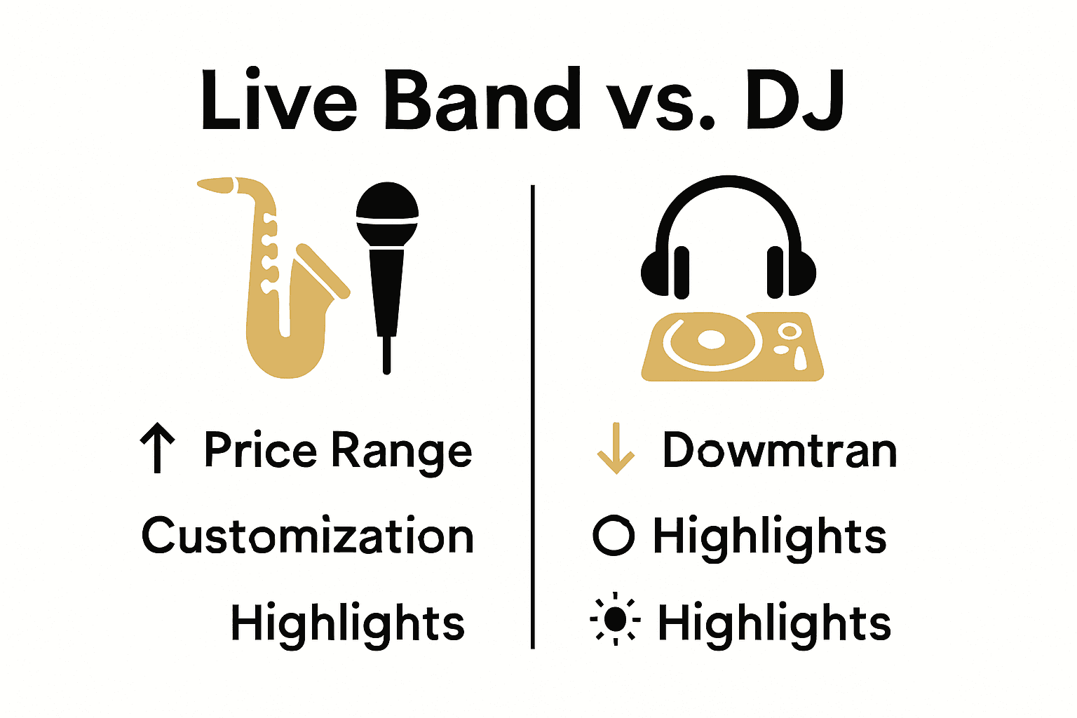 Infographic comparing live wedding bands and DJs for big weddings: price, options, highlights.