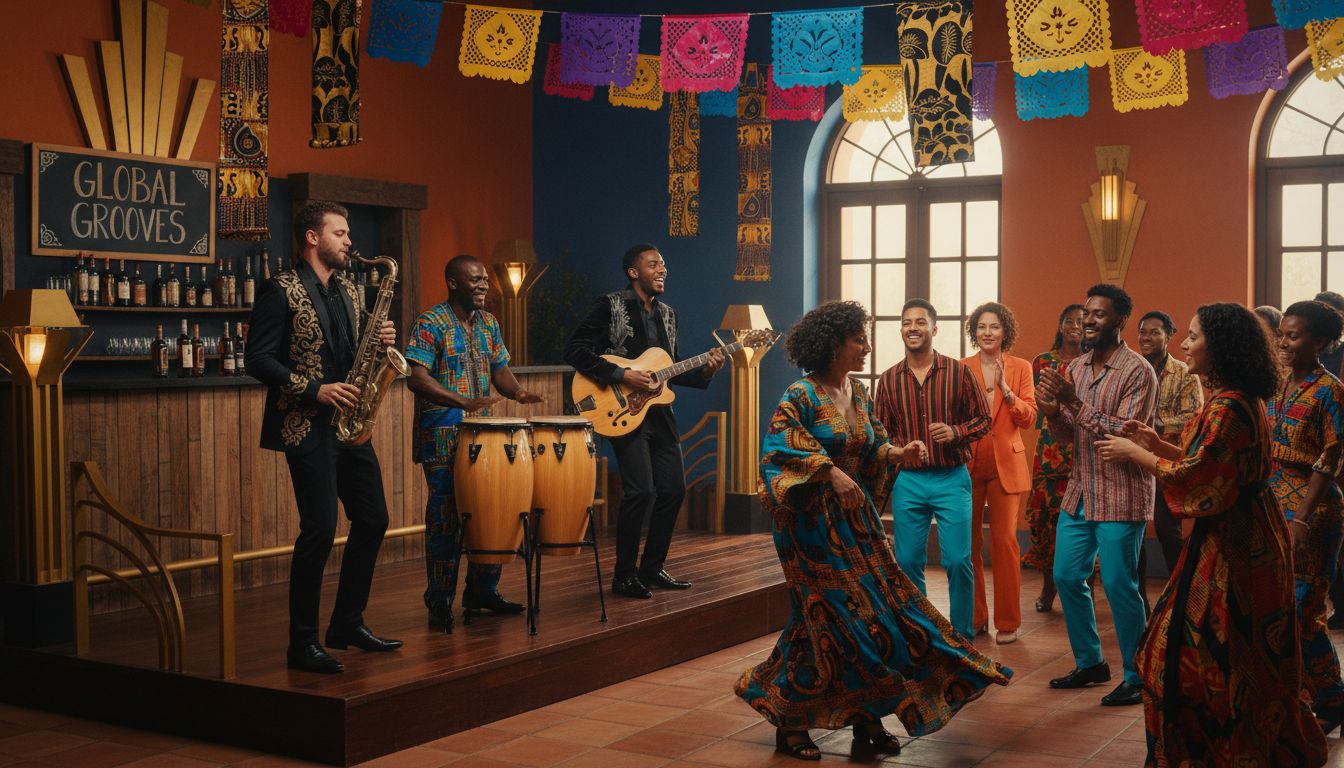 Diverse wedding musicians and multicultural guests dancing