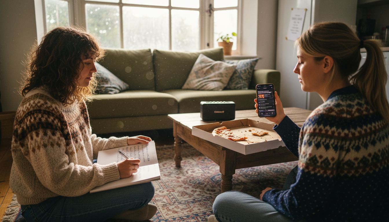 Couple creating wedding music playlist at home