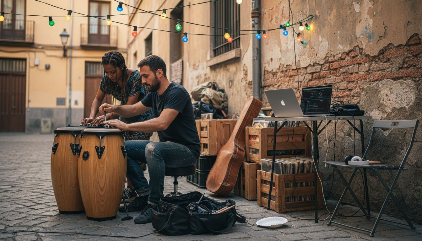 DJ and percussionist preparing Latin music mix