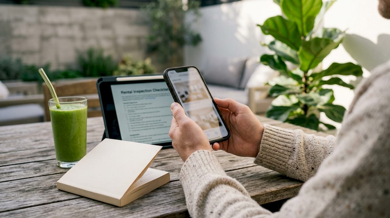 Renter scrolling rental photos on phone in café