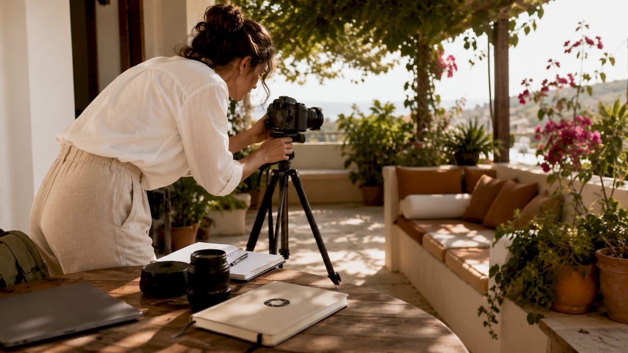 Photographer preparing hotel room for photoshoot