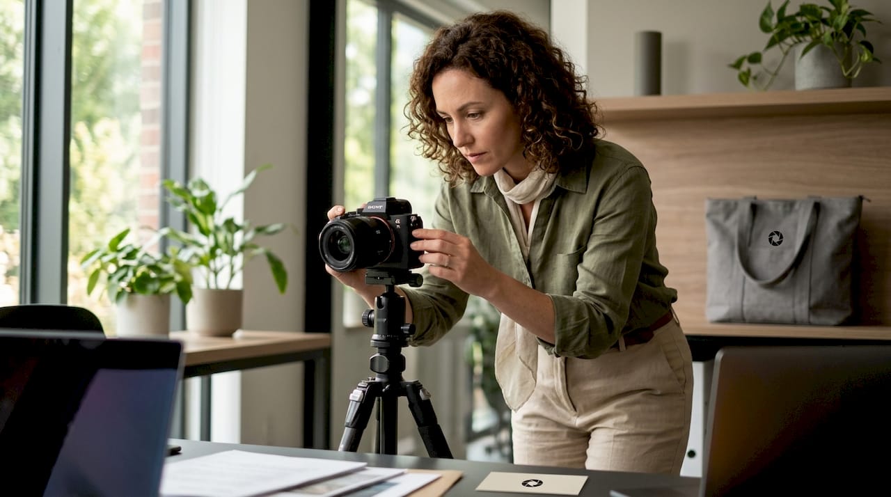 Photographer setting camera in living room