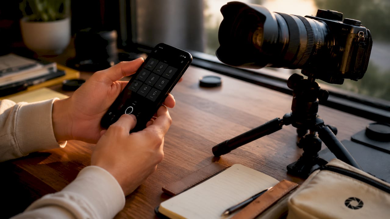 Hands holding camera and smartphone with photography gear