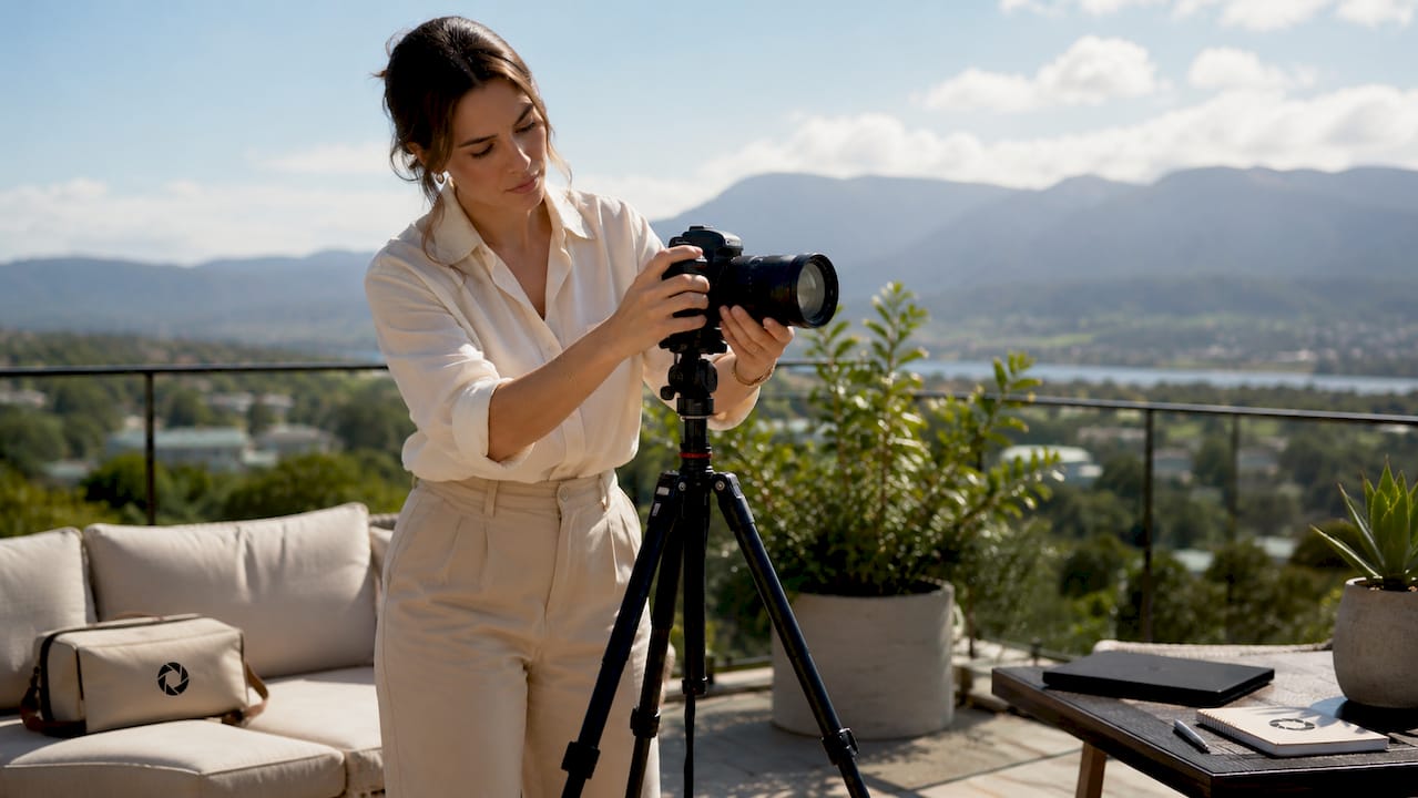 Real estate agent setting camera for hero listing photo