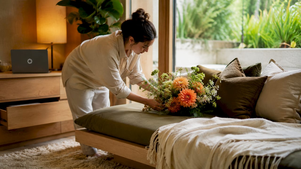Stylist preparing hotel room for photo shoot