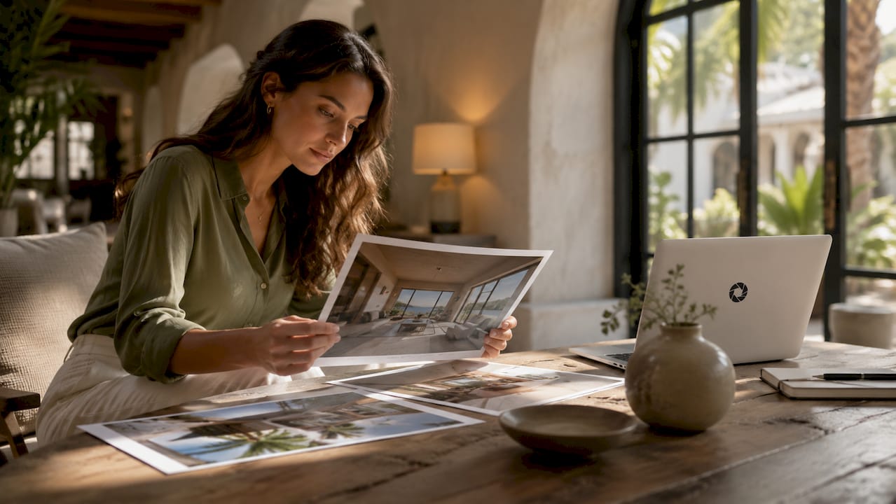 Property manager reviewing enhanced hospitality photos