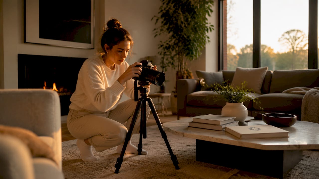 Photographer setting up camera in cozy rental living room