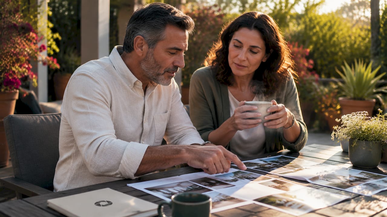 Vacation rental hosts reviewing print photos around kitchen island