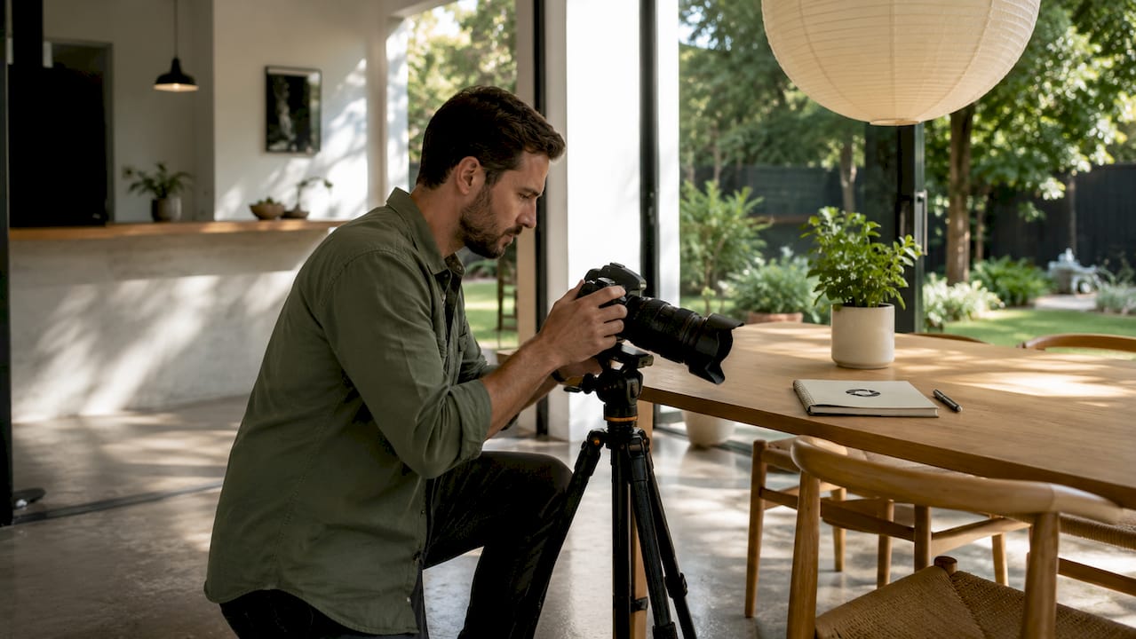 Photographer setting up wide-angle camera indoors