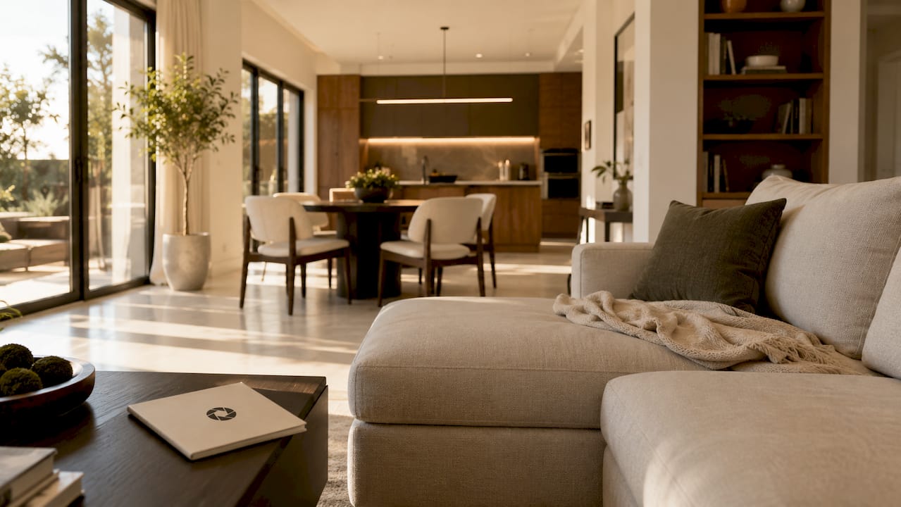 Wide-angle photo of spacious modern living room