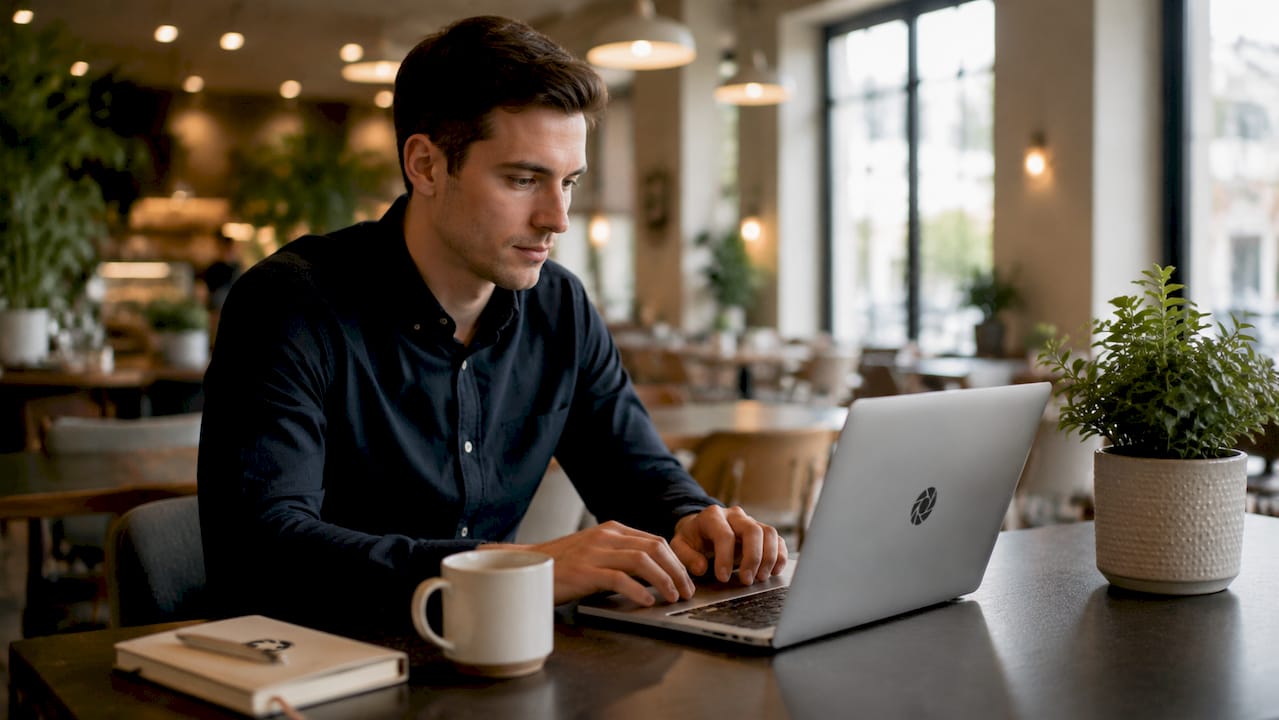 Hotel manager reviewing listing photos on laptop