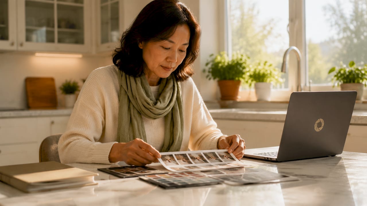 Person reviewing photo enhancement tests in home office