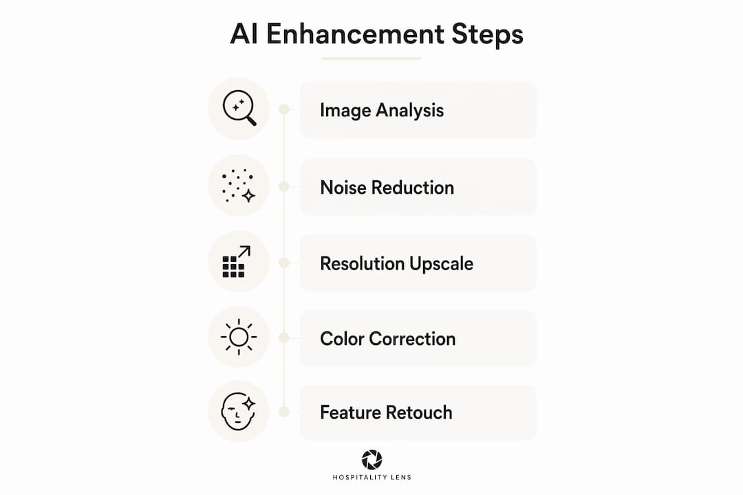 Infographic depicting five steps of AI image enhancement