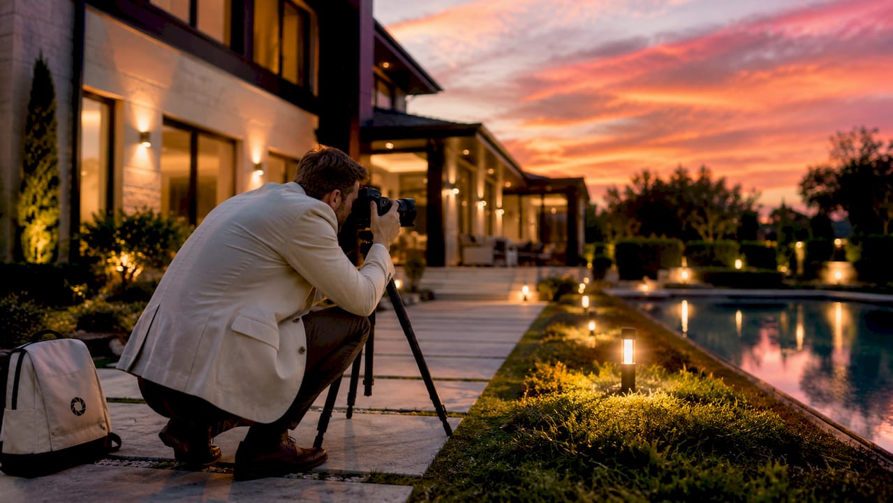 Photographer capturing luxury home at twilight