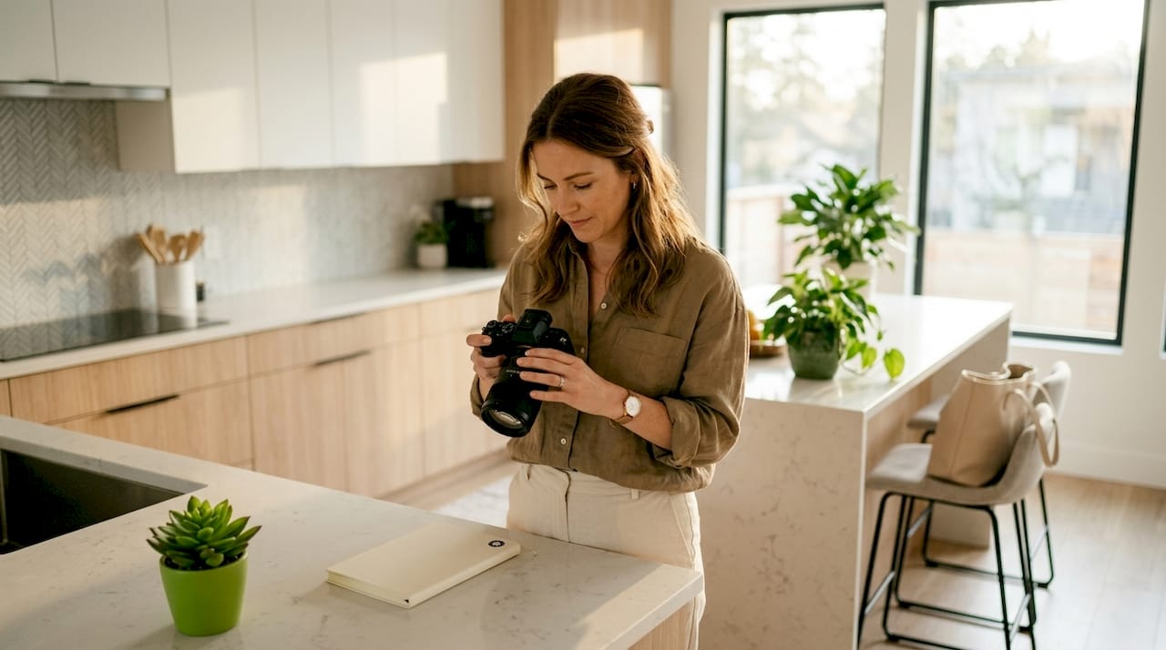 Real estate agent preparing to photograph home interior