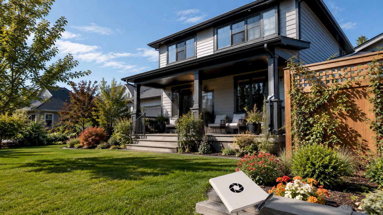 Daytime exterior photo of suburban home