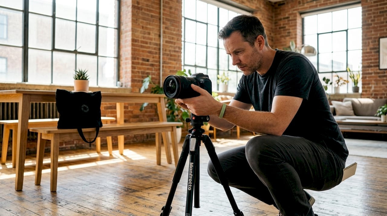 Real estate photographer setting up camera indoors