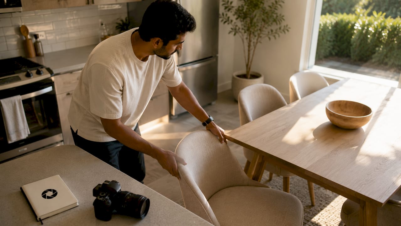 Photographer staging rental living room for photos
