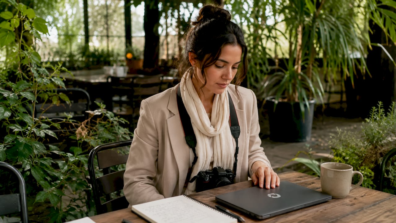 Photographer reviewing hotel photos on laptop in lobby