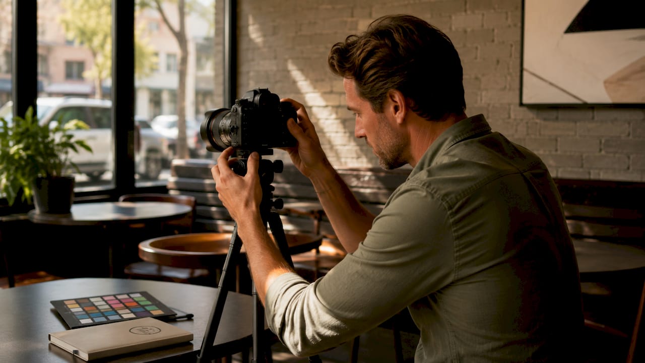 Photographer adjusting camera for lighting